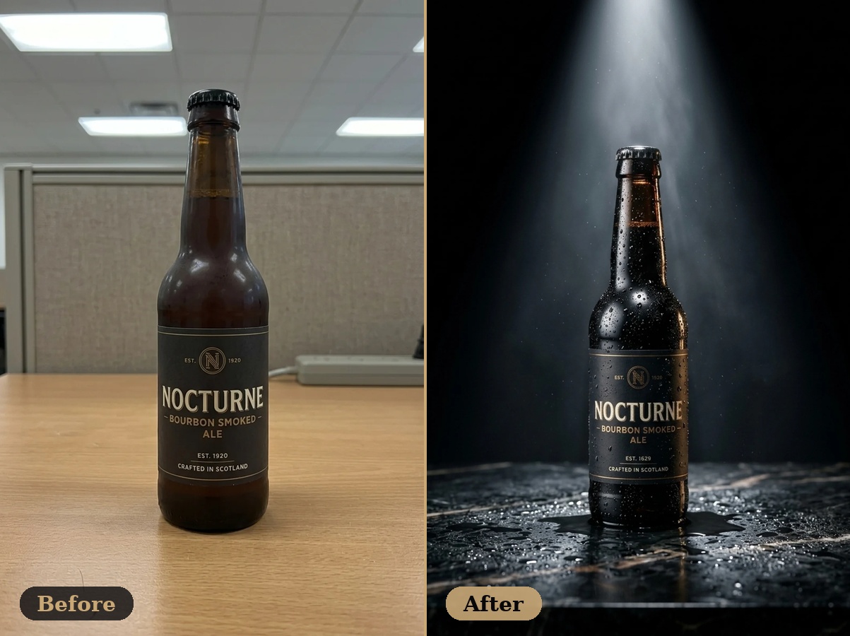 Before and after: beer bottle photographed on an office desk, transformed into a dramatic dark studio shot with spotlight and wet marble