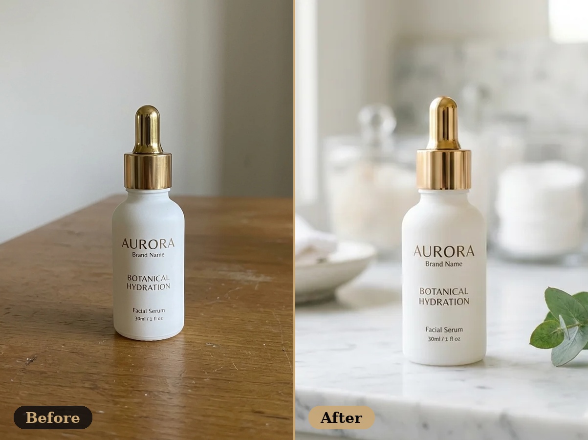 Before and after: skincare serum bottle on a wooden table, transformed into a bright airy marble bathroom scene
